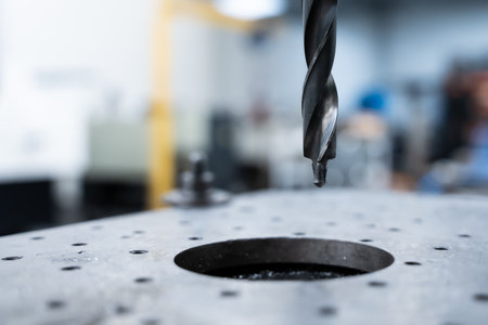 Close-Up Of Drill Bit Over Industrial Metal Surface In Precision Manufacturing Environmentの写真素材