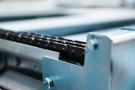 Industrial Metal Chain Mechanism Close-Up Showing Engineering Detail And Heavy Equipment Structureの写真素材