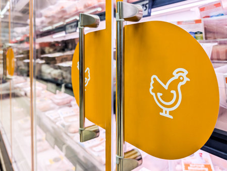 Supermarket Refrigerator With Chicken Symbol On Yellow Door Panelの写真素材