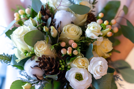 Wedding Bouquet With White Roses Eucalyptus And Pine Cones Creating Natural Rustic Floral Designの写真素材
