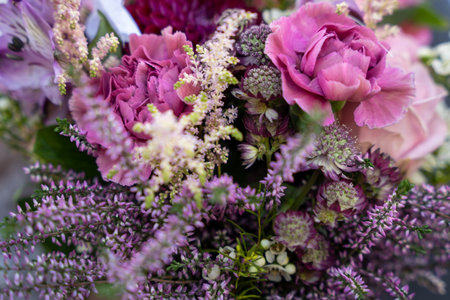 Close-Up Of Pink And Purple Wedding Flowers With Detailed Floral Texturesの写真素材