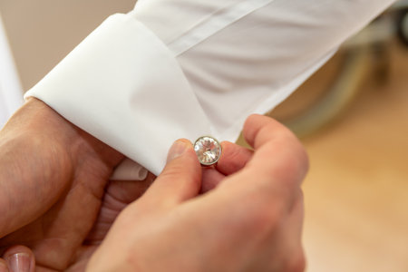 Groom Attaching Cufflink To White Shirt Cuff, Hands Adjusting Elegant Jewelry For Formal Wedding...