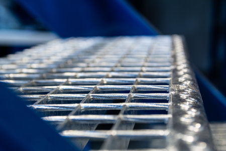 Shiny Steel Industrial Staircase Grating Grid, Platform Texture For Construction Safetyの写真素材