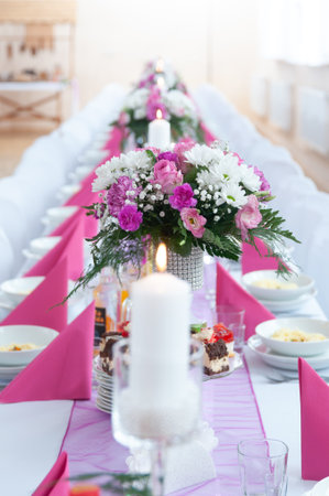 Wedding Reception Table With Pink Napkins And Flower Centerpieces, Banquet Decoration