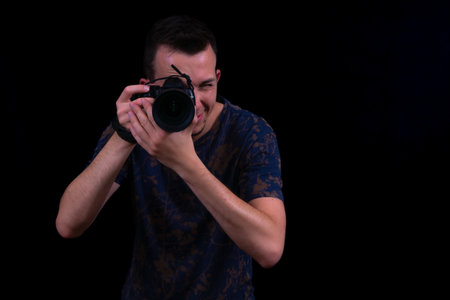 Photographer Male Camera DSLR Portrait Taking Photo Studio Dark Background For Creative Freelance...