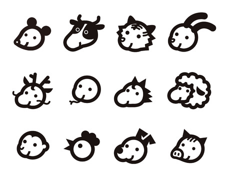 Twelve Chinese Zodiac Animals icon, black on white backgroundのイラスト素材
