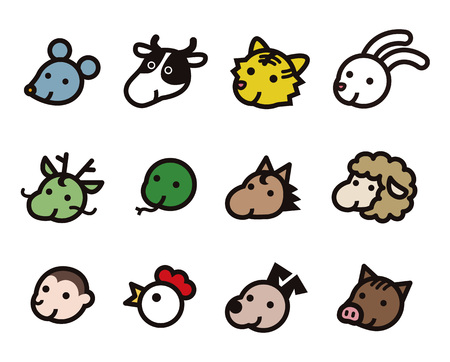 Twelve Chinese Zodiac Animals icon, black on white backgroundのイラスト素材