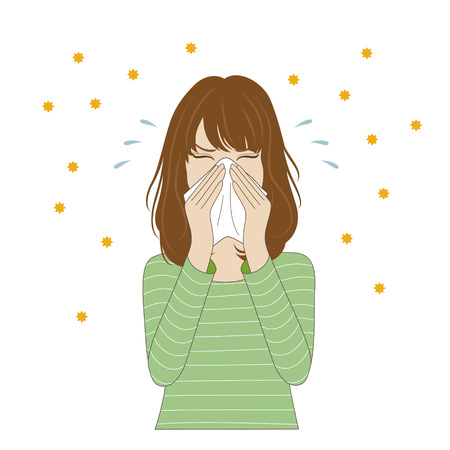 A young woman blowing her nose with handkerchiefのイラスト素材