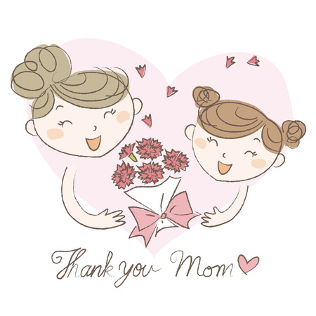 little girl giving flower bouquet to her mother on mother's dayのイラスト素材