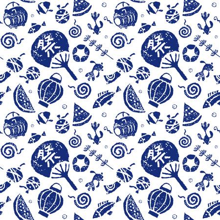 Japanese summer seamless pattern, paper fan, goldfish, watermelon, wind chime and mosquito coilのイラスト素材