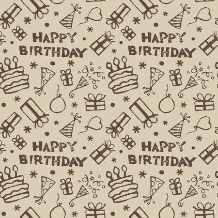 Birthday pattern with gifts, cake, triangle hats, cracker, balloon and stars)のイラスト素材