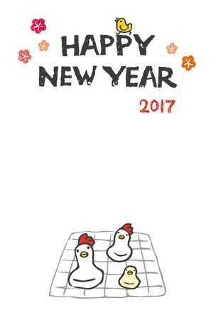 New Year card with chicken and chick shaped rice cake on a grillのイラスト素材