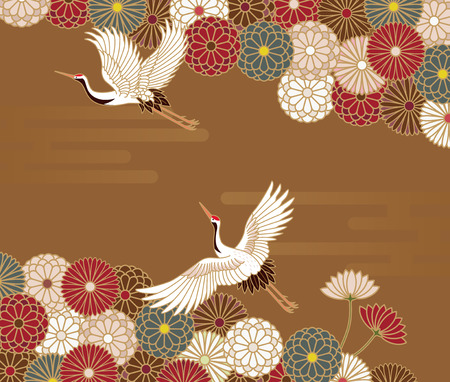 Cranes and chrysanthemums Japanese traditional pattern in gold backgroundのイラスト素材