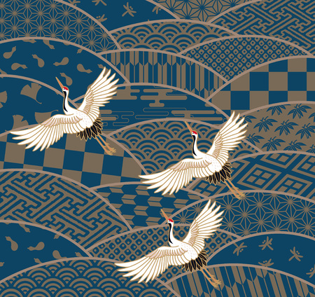 Three cranes and multi-patterned Japanese traditional patternのイラスト素材