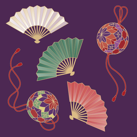 Japanese traditional hand fans and handballs with tasselのイラスト素材