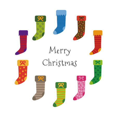 Christmas card with colorful patterned Christmas stockings illustrationのイラスト素材
