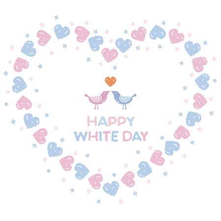 White day, heart shaped wreath with hearts and birds loving each otherのイラスト素材