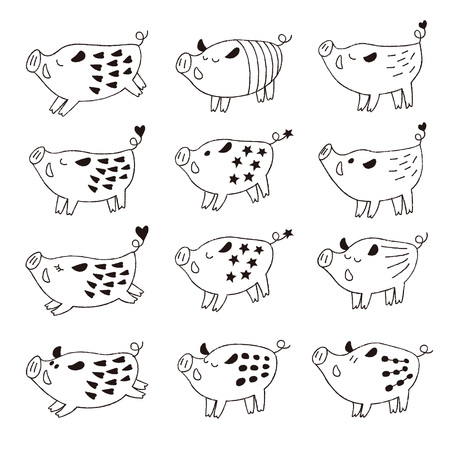 Black and white cute wild pigs, boars illustrationのイラスト素材