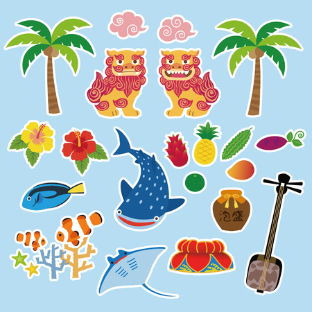 Okinawa illustration with local specialty, Shisa, tropical fruits, whale shark, hibiscus, palm tree, coral, tropical fish, manta ray, hat decorated with flower, sanshin; Okinawan traditional three-stringed instrumentの素材 [FY310110110151]