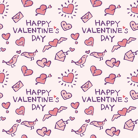 Background pattern with valentine elements, hearts, love letters and birds on light pink backgroundのイラスト素材