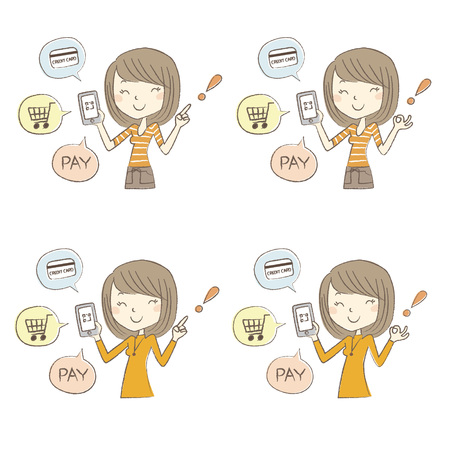 Cashless and Smartphone payment image, a woman holding a smartphone, set of posesのイラスト素材