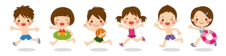 Cute kids wearing swimsuits running together, image of summerのイラスト素材
