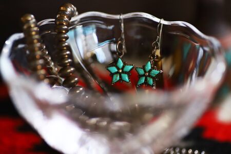 Silver Indian jewelry with turquoise, earring and necklaceの写真素材