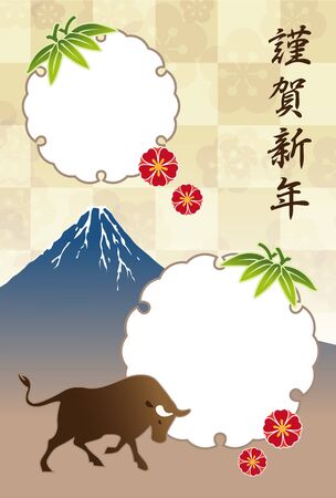 New Year's card of ox year with photo frame, cow and Mt. Fuji / translation of Japanese "Happy New Year"のイラスト素材