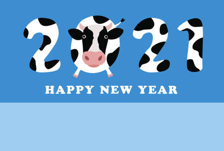 New Year card of the year 2021 with black and white Holstein pattern and a cowのイラスト素材