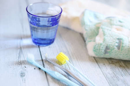 Glass cup, toothbrush, oral care products, dental care imageの写真素材
