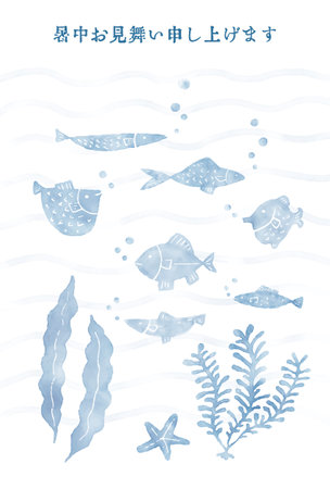 Summer greeting card with fishes and seaweeds, ocean imageのイラスト素材