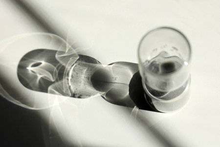 Hourglass on the desk Striking light, shadow and glass reflectionsの写真素材