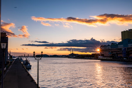 Sunset over the port of Kushiro, Japan. Kushiro is the northern city in Japan.の写真素材