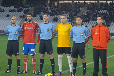 CORDOBA, SPAIN - JANUARY 13:Players  initial alignment during match league Cordoba(W) vs Numancia (R)(1-0) at the Municipal Stadium of the Archangel on January 13, 2013 in Cordoba Spain のeditorial素材