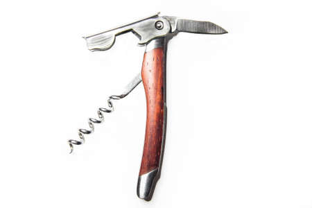 Brown wooden corkscrew isolated on whiteの写真素材