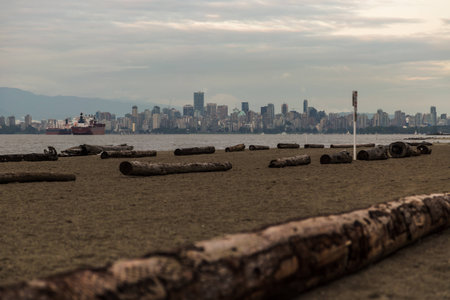Beach At English Bay Overlooking Downtown Vancouver, Canadaの写真素材