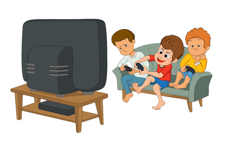 kids playing video games together too close to tv screen. Gaming addiction concept.のイラスト素材