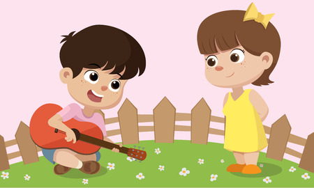 kid playing guitar for girl in valentine day.Vector and illustration.のイラスト素材