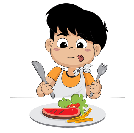 kid happy with steak.vector and illustrationのイラスト素材