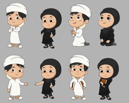 Set of muslim kids doing activities.のイラスト素材