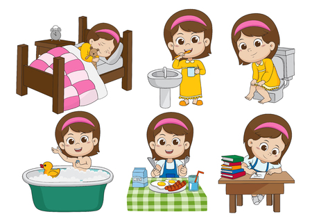 Set of daily cute girl,wake up,brushing teeth,kid pee,taking a bath,breakfast,kid writhing.vector and illustration.のイラスト素材