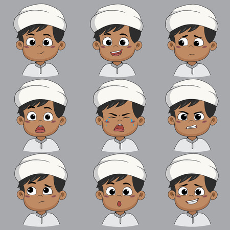 Set of emotion cute muslim boy ,smile, happy, laugh, sad, surprise, cry, tears, upset, angry, thinking,sorry.Vector and illustration.のイラスト素材