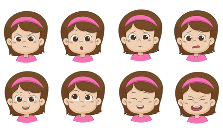 Set of emotion cute girl ,angry ,surprised,cry,fear,smile,think,laugh,shout.vector and illustration.のイラスト素材