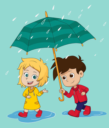 Girl walk and talk with a boy in a rainy day.vector and illustration.のイラスト素材
