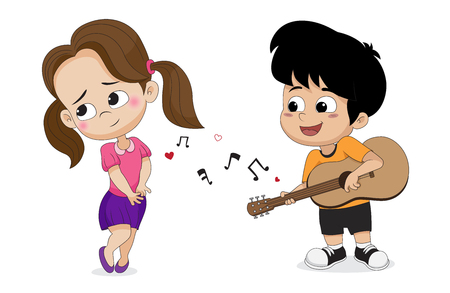 Boy playing guitar for girl in valentine day.Vector and illustration.のイラスト素材