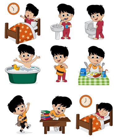 Set of daily cute boy.Boy wake up,brushing teeth,kid pee,taking a bath,dressed up,breakfast,kid learning,kid sleep.vector and illustration.のイラスト素材