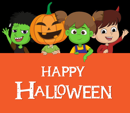 Kid dress up halloween costume showing card.Vector and illustration.のイラスト素材