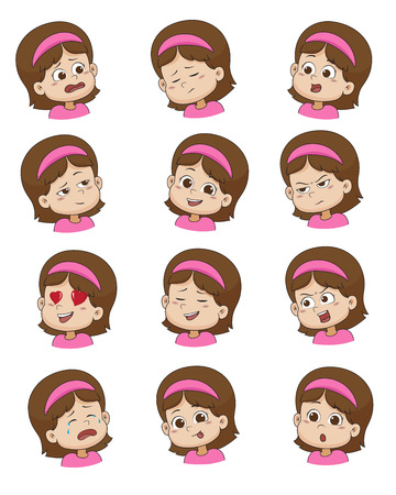 Set of Little girl face expression,vector illustrations isolated on white background.のイラスト素材
