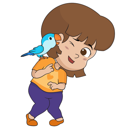 The child was playing with his good friend, that is a parrot.Vector and illustration.のイラスト素材