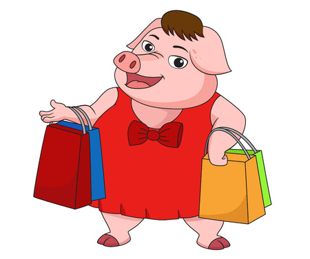 Girl pig shopping in New year day.Vector and illustration.のイラスト素材